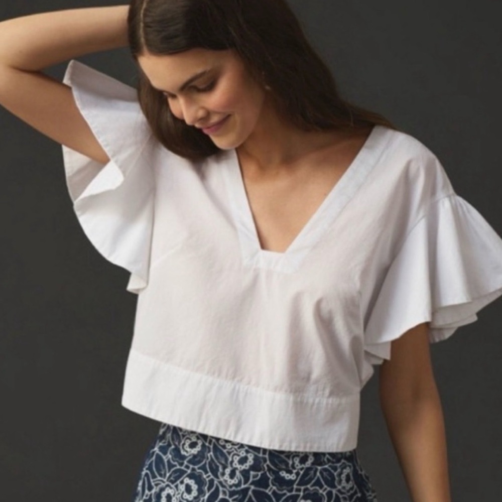 MAEVE ANTHROPOLOGIE | White Cotton Poplin Flutter Sleeve Pullover Blouse - Picture 5 of 11